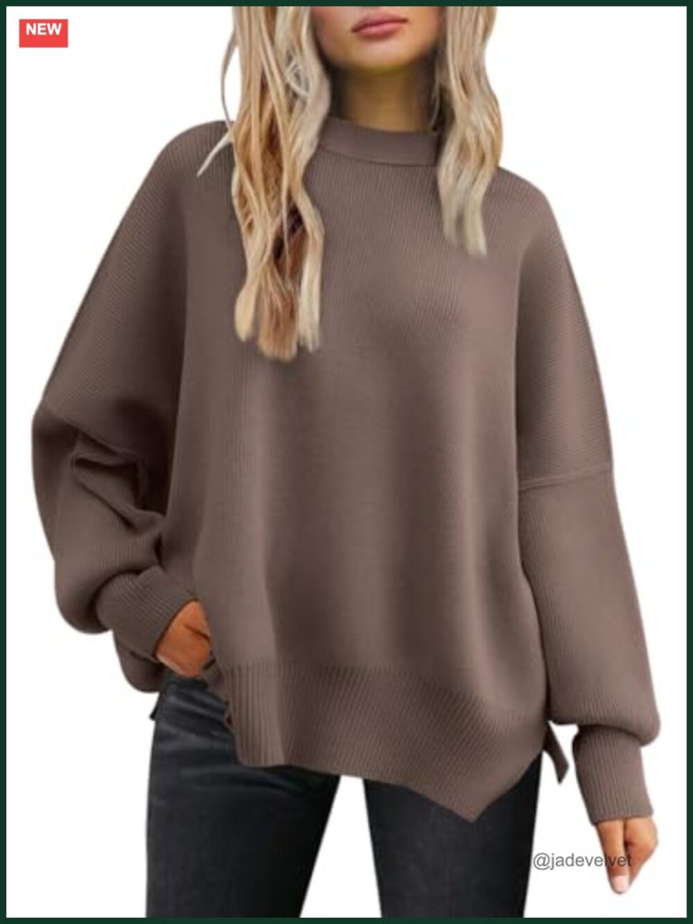 Oversized Batwing Knit Sweater Crewneck Long Sleeve Tunic Side Split